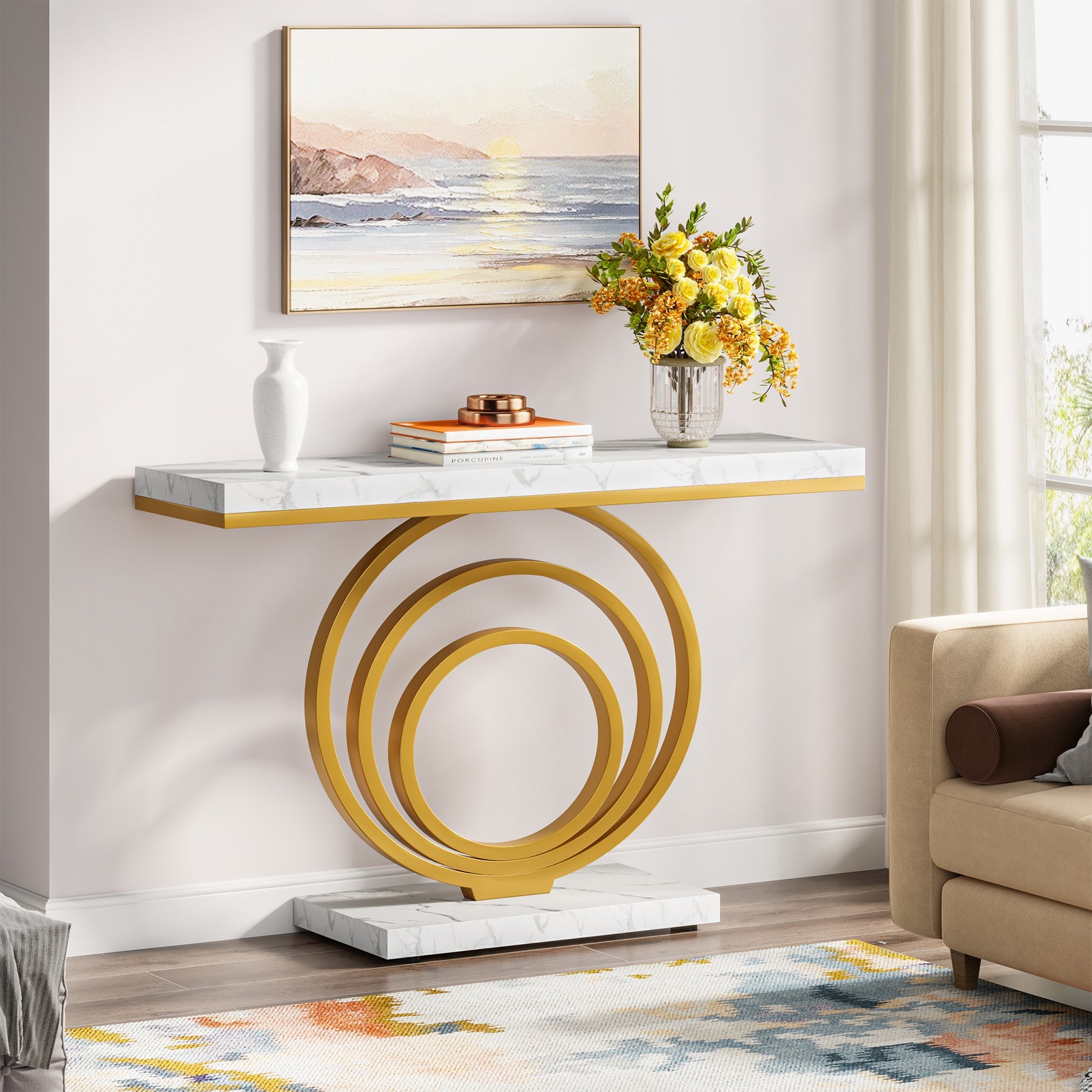 Faux Marble Console Table, 41" Entryway Sofa Table with Gold Ring Base Tribesigns